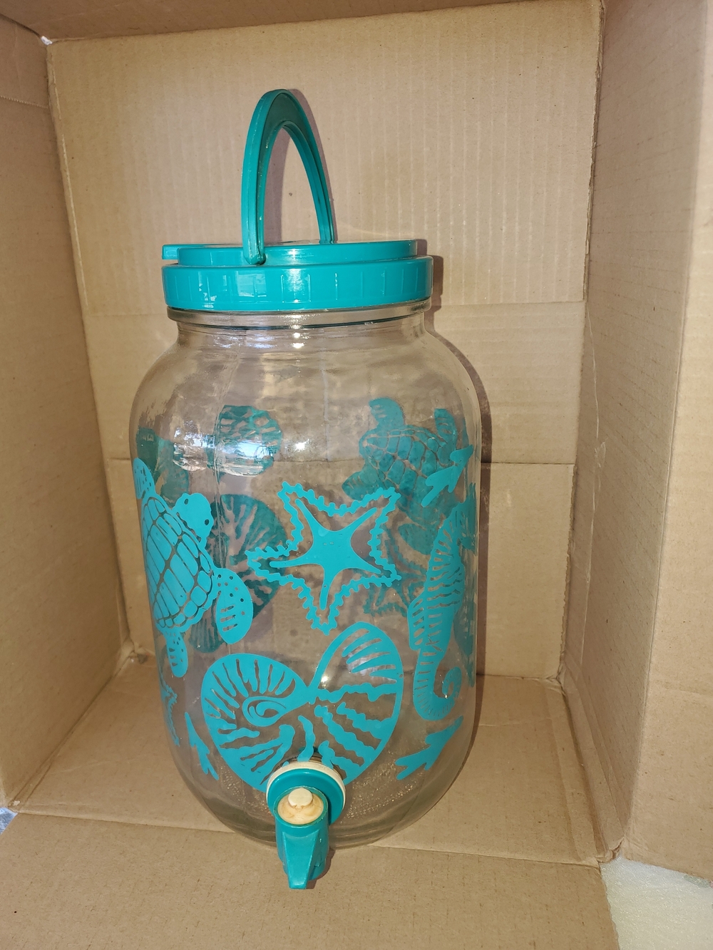 Vintage 80s Glass Sun Tea Jar/Beach Theme/Preowned